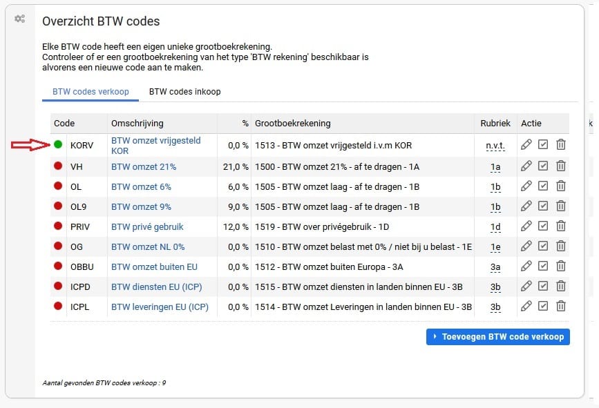 Overzicht BTW codes verkoop, waarin alleen de code KORV - BTW omzet vrijgesteld KOR een groen bolletje heeft