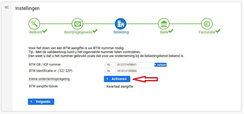 De stap Belasting in de Setup Wizard, met achter Kleine ondernemingsregeling de knop Activeren