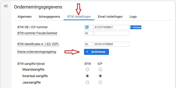 Het tabblad BTW instellingen van de Ondernemingsgegevens, met achter Kleine ondernemingsregeling de knop Activeren