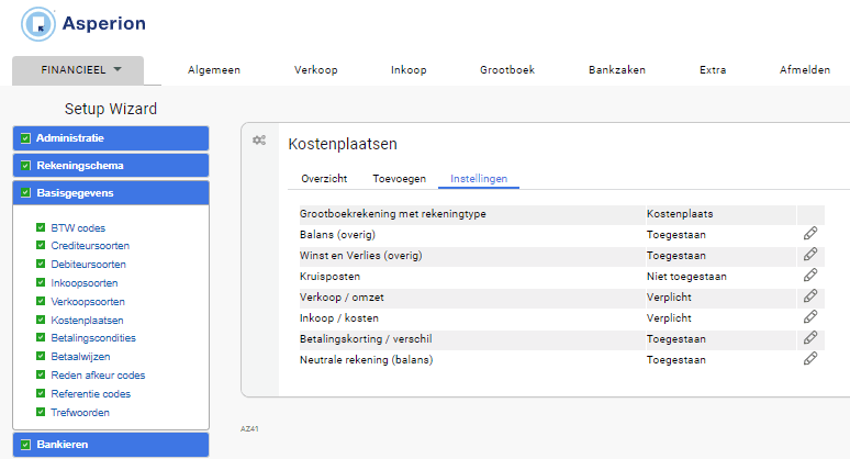 Kostenplaats Instellingen