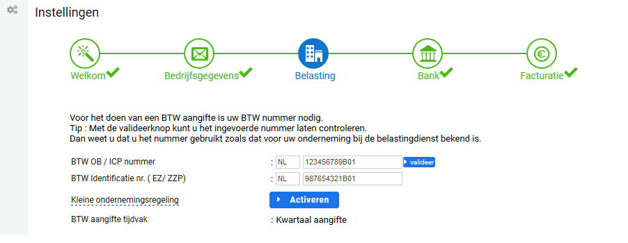 Setup Wizard ZZP Instellingen Belastingen