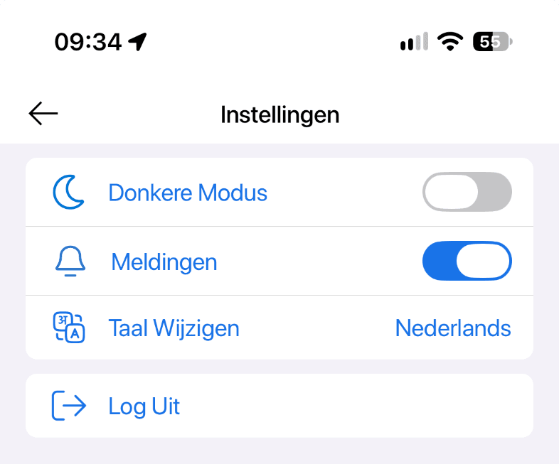 Het scherm Instellingen in de Asperion Mobile app met Donkere Modus, Meldingen, Taal Wijzigen en Log Uit