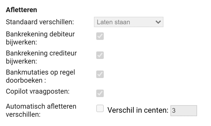 De afletterinstellingen met de aangevinkte optie Bankmutaties op regel doorboeken