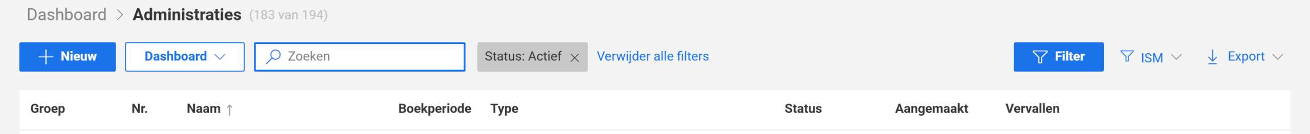 De werkbalk van het scherm Beheer Administraties met de knoppen Nieuw, Dashboard, Filter en Export en de kolomtitels van de lijst