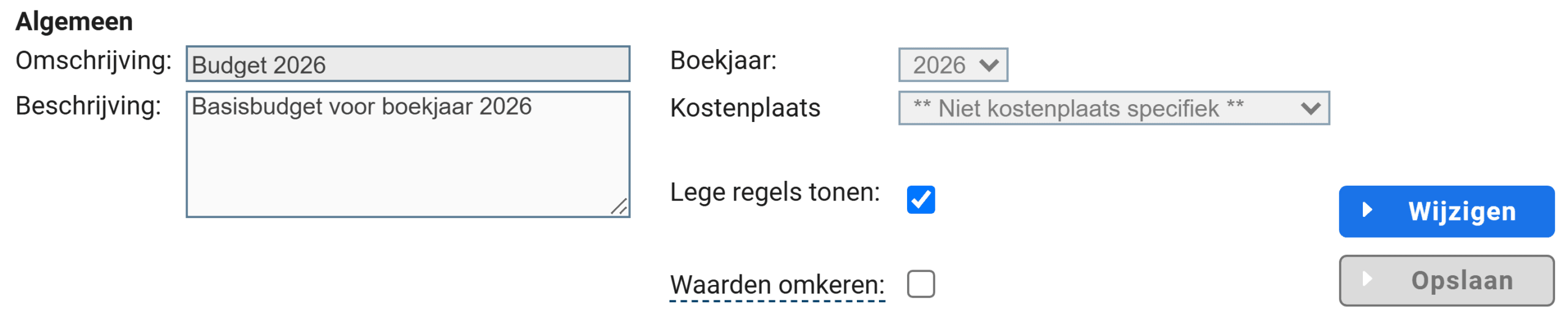 Het blok Algemeen van een budgetscenario met de velden Omschrijving, Beschrijving, Boekjaar en Kostenplaats en de vinkjes Lege regels tonen en Waarden omkeren
