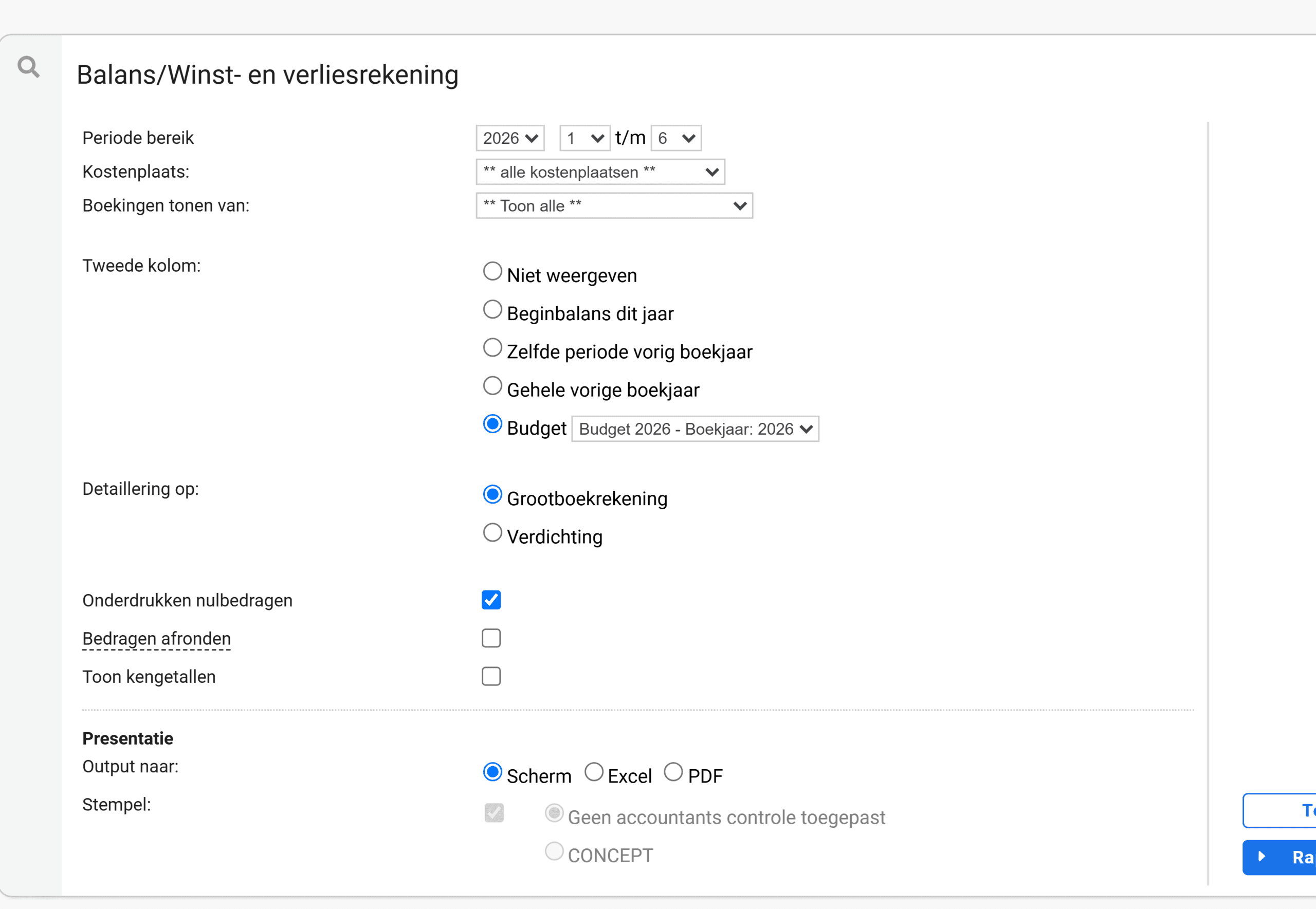 Het scherm Balans/Winst- en verliesrekening met bij Tweede kolom de optie Budget aangevinkt en een budgetscenario gekozen