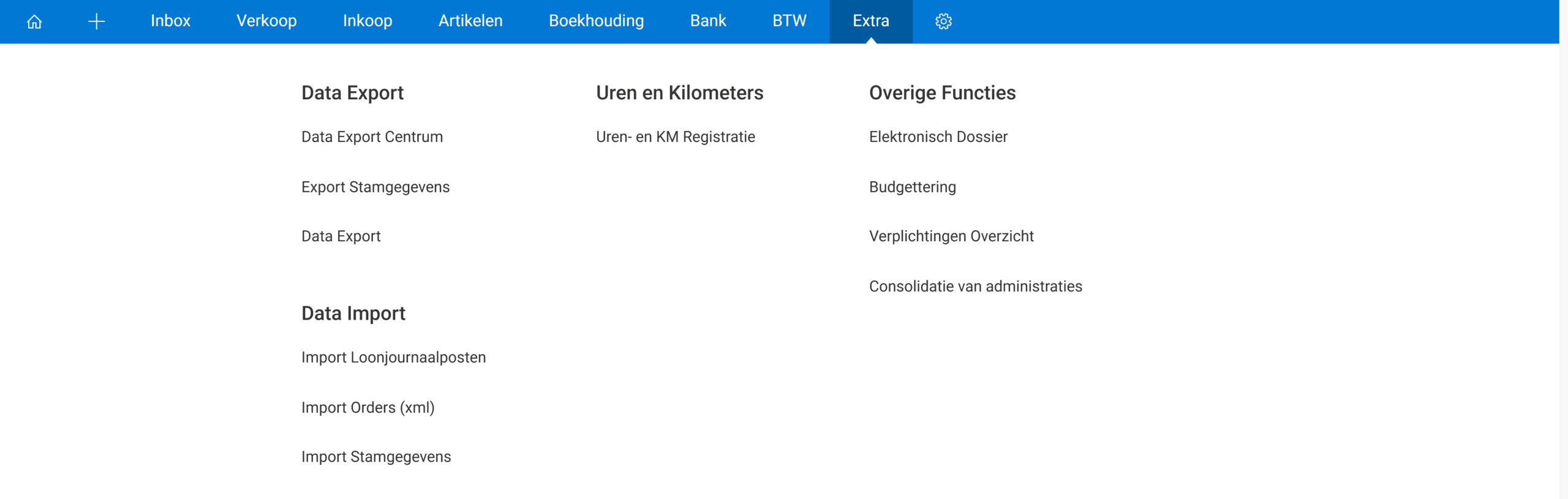 Het menu Extra is opengeklapt; onder Overige Functies staat de optie Budgettering