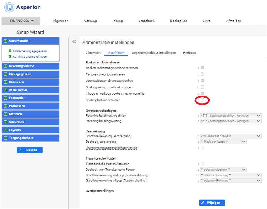 Kostenplaats Activeren Setup Wizard