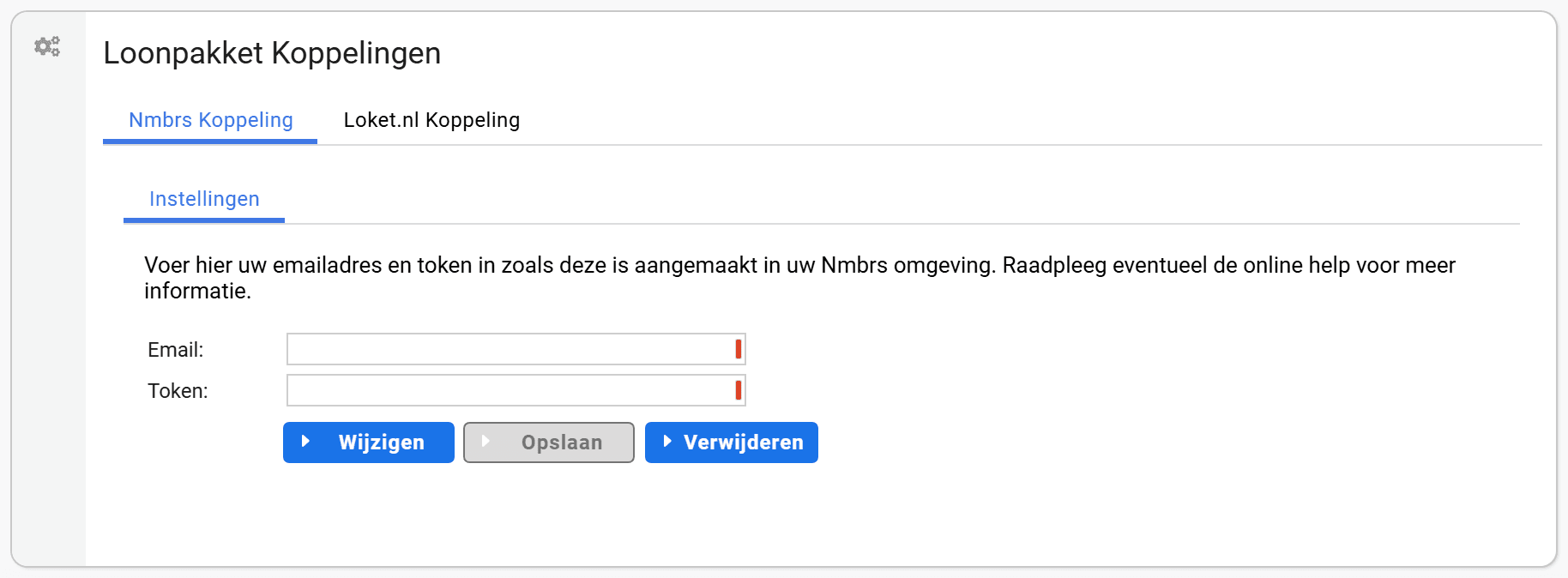 Het tabblad Nmbrs Koppeling met de velden Email en Token en de knoppen Wijzigen, Opslaan en Verwijderen
