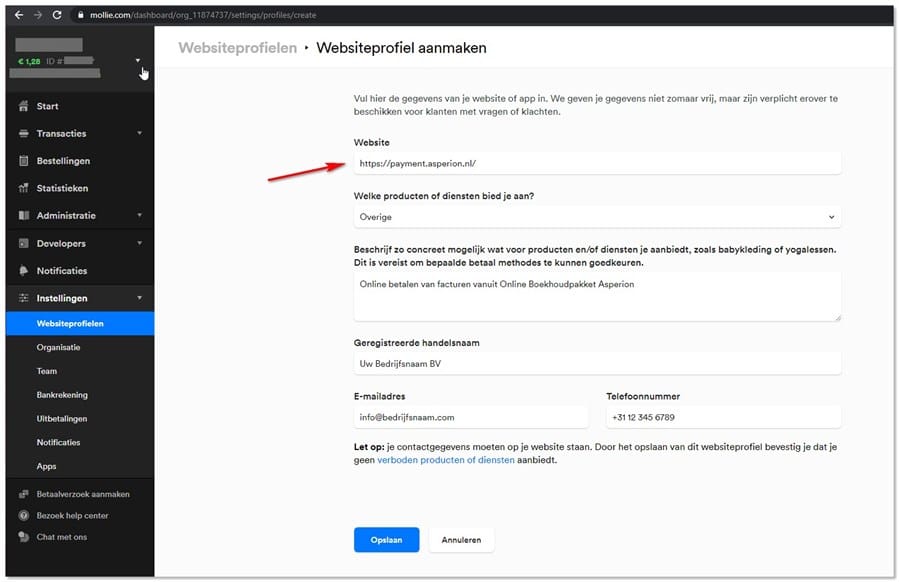 Mollie -website -profiel -toevoegen
