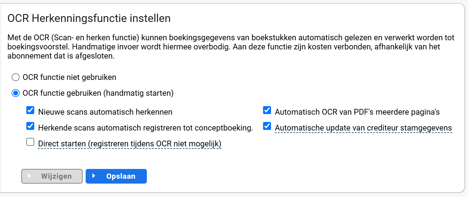 Het scherm OCR Herkenningsfunctie instellen met de keuze OCR functie gebruiken aangezet en de vijf opties eronder bedienbaar