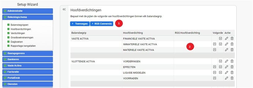 Het scherm Hoofdverdichtingen met de knop RGS Conversie (1) en de kolom RGS Hoofdverdichting (2)