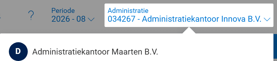 De knop Administratie rechtsboven, met daaronder de geopende lijst waarin het eigen dashboard bovenaan staat, gemarkeerd met een D