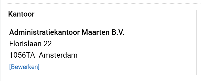 Het vak Kantoor op de startpagina met de kantoornaam, het adres en de link Bewerken