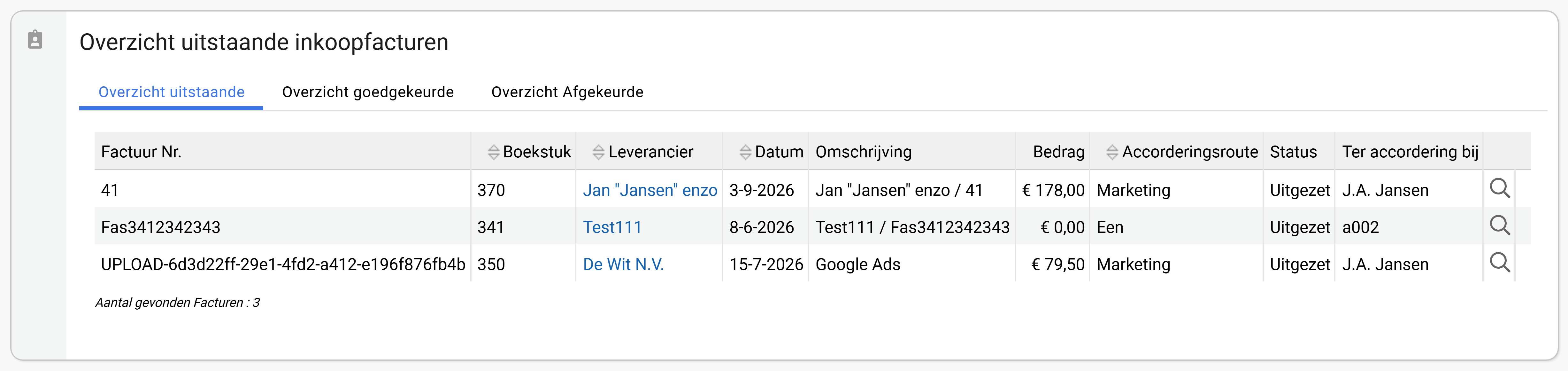Het overzicht Uitstaande inkoopfacturen met de tabbladen Overzicht uitstaande, Overzicht goedgekeurde en Overzicht Afgekeurde