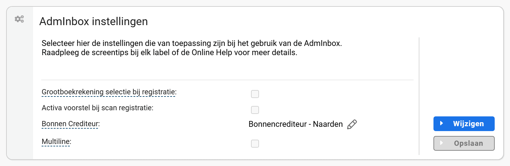 Het scherm AdmInbox instellingen in de Setup Wizard met de vier instellingen en rechts de knoppen Wijzigen en Opslaan