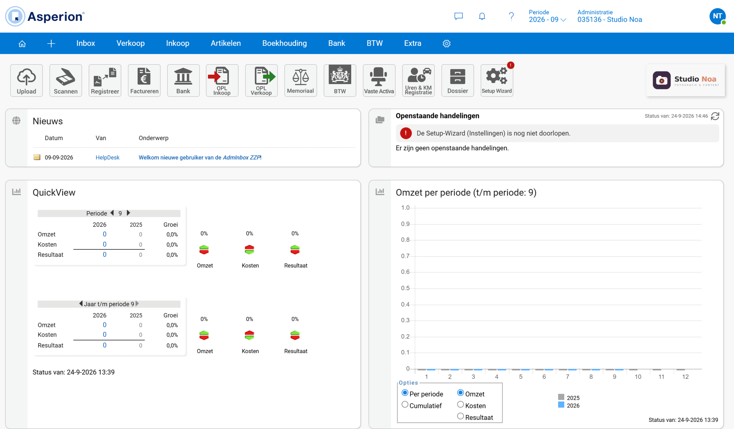 De startpagina van de AdmInbox ZZP met de menubalk, de rij sneltoetsen, en de blokken Nieuws, Openstaande handelingen, QuickView en Omzet per periode