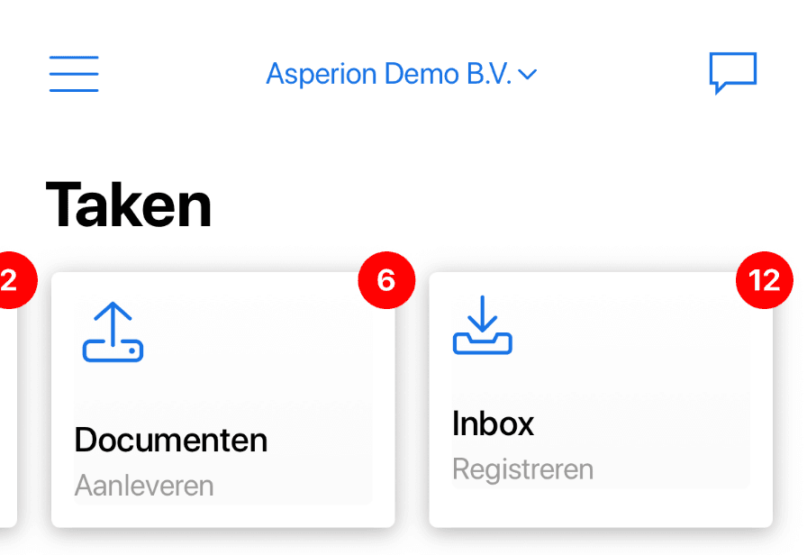 Het startscherm van de app, met de naam van de actieve administratie bovenaan en onder Taken de tegels Documenten en Inbox