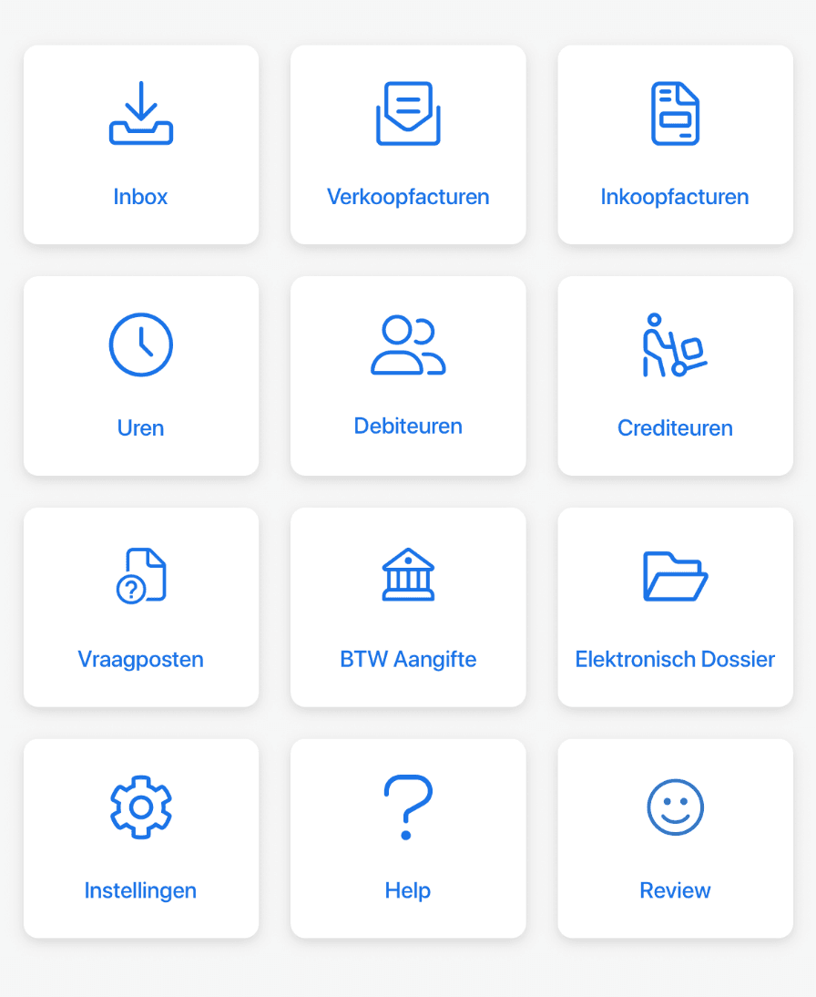Het menu van de app met onder andere Inbox, Verkoopfacturen, Inkoopfacturen, Uren, Debiteuren en Crediteuren
