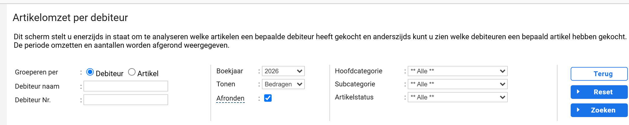 Het selectiescherm van de Artikelomzet Analyse met de filters om het rapport te genereren