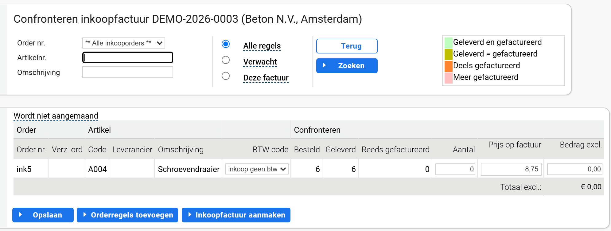 Het confrontatiescherm met de filters Alle regels, Verwacht en Deze factuur, de legenda met vier kleuren, en per regel de kolommen Besteld, Geleverd, Reeds gefactureerd, Aantal en Prijs op factuur