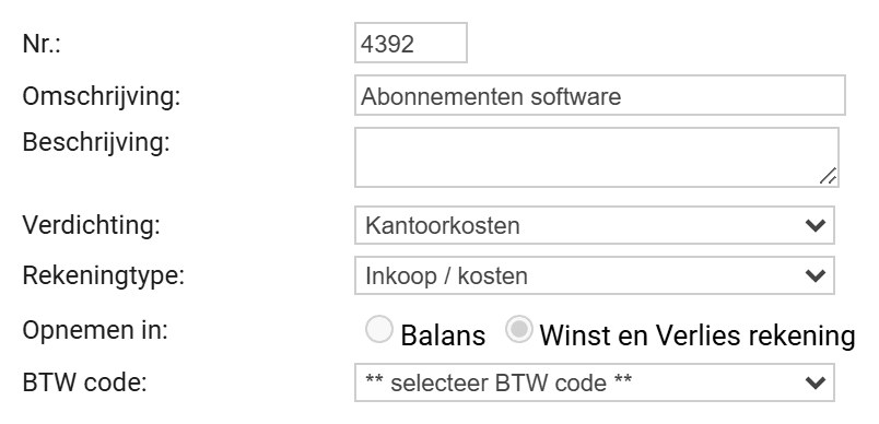 Het scherm Grootboekrekening toevoegen met een ingevuld nummer, de omschrijving Abonnementen software, Verdichting Kantoorkosten en Rekeningtype Inkoop / kosten, waardoor Opnemen in op Winst en Verlies rekening staat