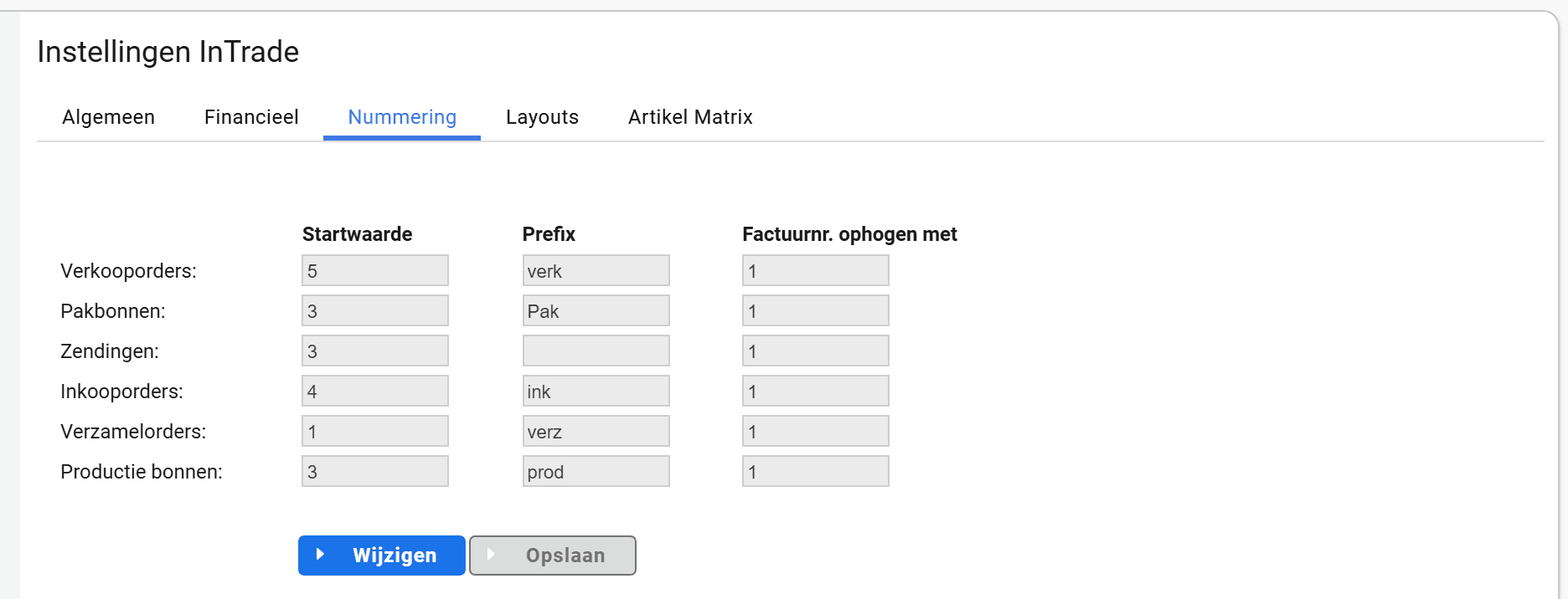 Het tabblad Nummering met per documentsoort een startwaarde, een prefix en een ophoging
