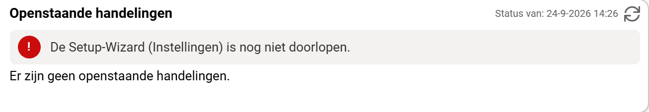 Het blok Openstaande handelingen op de startpagina, met een melding dat de Setup Wizard nog niet is doorlopen