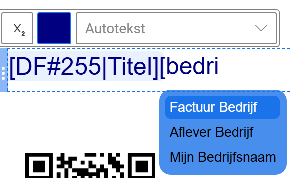 In een tekstblok is [bedri getypt; daaronder staat de keuzelijst met Factuur Bedrijf, Aflever Bedrijf en Mijn Bedrijfsnaam