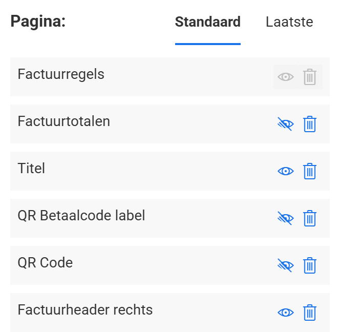 De blokkenlijst van de standaardpagina, met per blok een oogje om het te tonen of te verbergen en een prullenbak om het te verwijderen