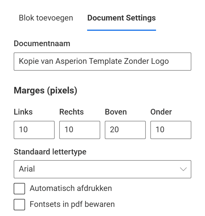 Het tabblad Document Settings met de documentnaam, de marges in pixels en het standaard lettertype