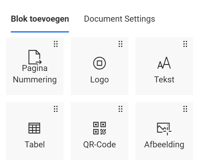 Het tabblad Blok toevoegen met de elementen Pagina Nummering, Logo, Tekst, Tabel, QR-Code en Afbeelding