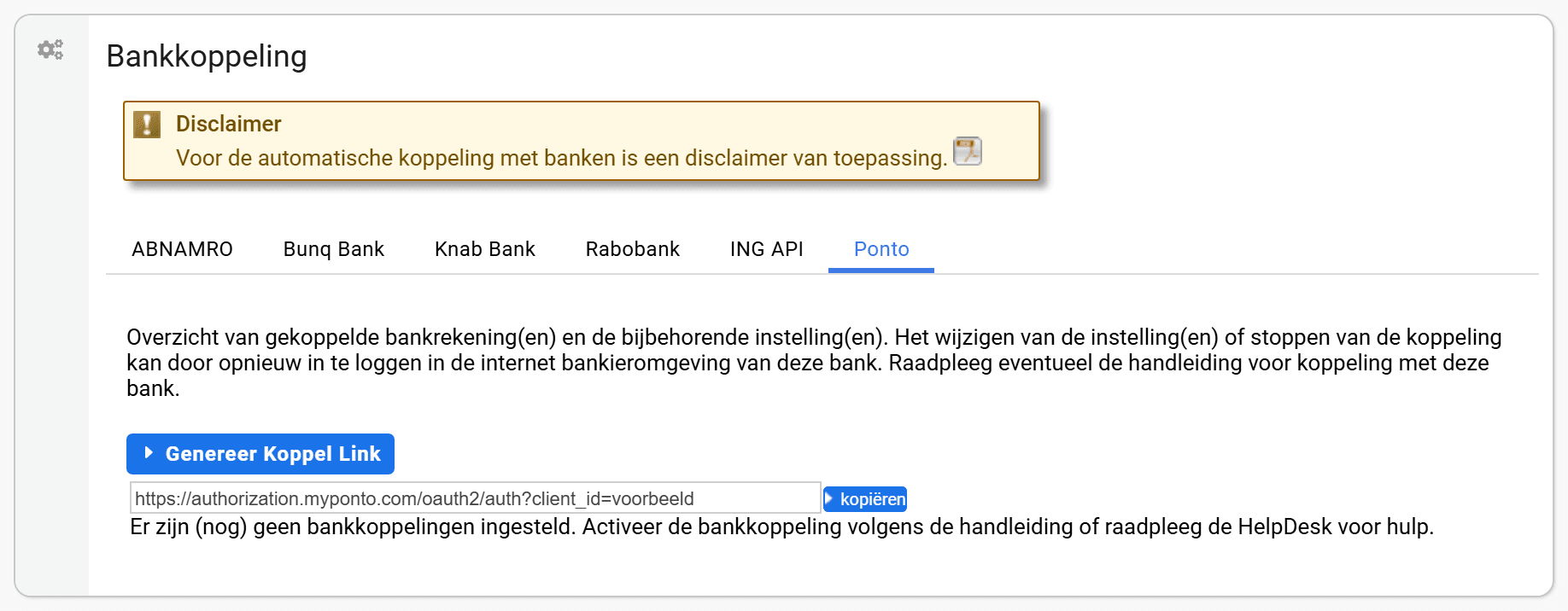Het tabblad Ponto met de knop Genereer Koppel Link, daaronder het veld met de gegenereerde koppellink en de knop kopiëren