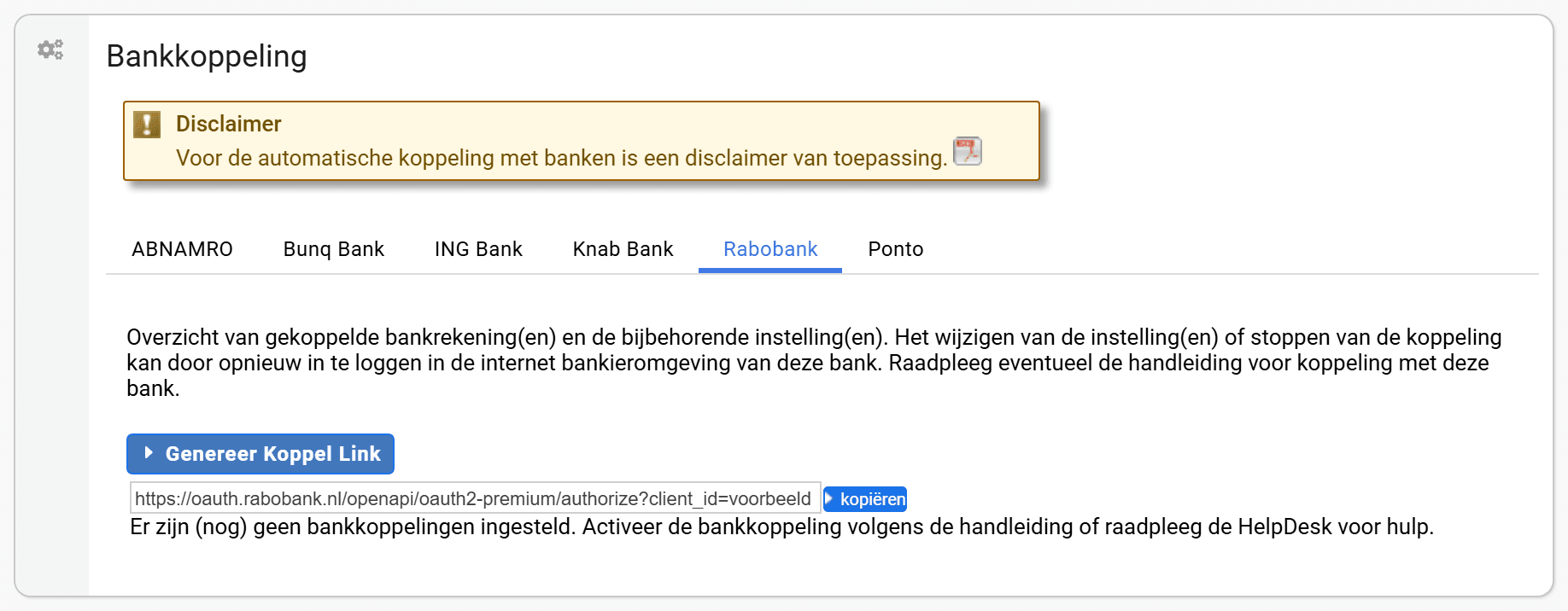 Het tabblad Rabobank met de knop Genereer Koppel Link, daaronder het veld met de gegenereerde koppellink en de knop kopiëren