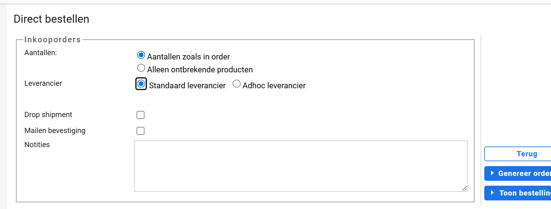 Het scherm Direct bestellen met de keuzes Aantallen, Leverancier, Drop shipment, Mailen bevestiging en Notities en de knoppen Genereer orders en Toon bestelling