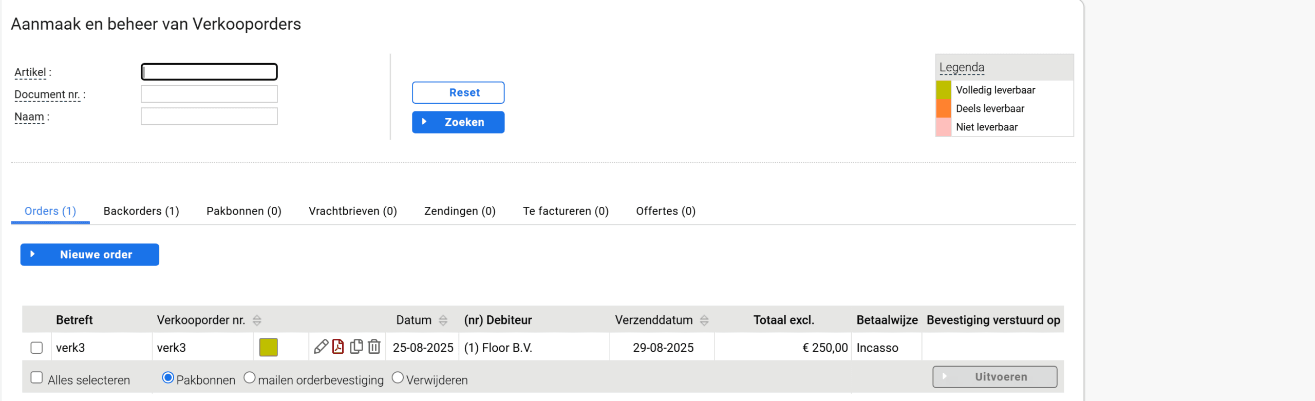 Het scherm Aanmaak en beheer van Verkooporders met de zoekvelden, de legenda en de tabbladen Orders, Backorders, Pakbonnen, Vrachtbrieven, Zendingen, Te factureren en Offertes