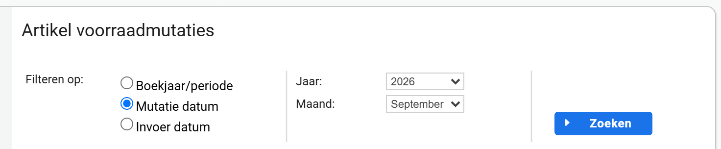 Het scherm Artikel voorraadmutaties met de keuze tussen boekjaar/periode, mutatiedatum en invoerdatum en de velden Jaar en Maand