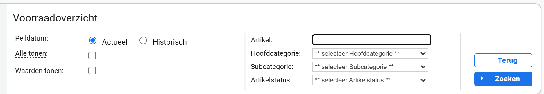 Het zoekscherm van het voorraadoverzicht met de keuze tussen Actueel en Historisch, de vinkjes Alle tonen en Waarden tonen en de filters op artikel en categorie