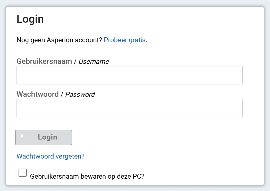 Het inlogscherm van Asperion met linksonder de link Wachtwoord vergeten?