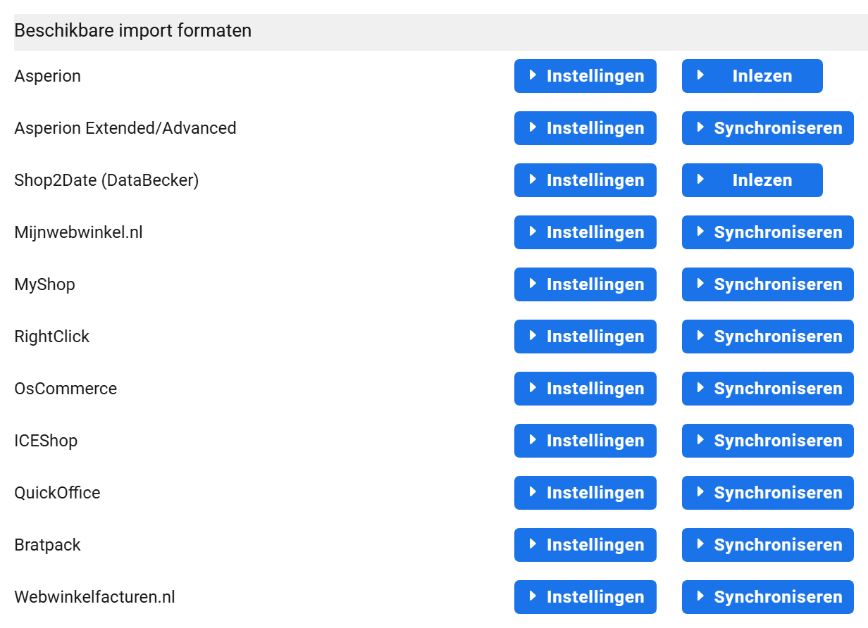 Het scherm Import data uit externe bronnen met de lijst Beschikbare import formaten; achter elke naam staan de knoppen Instellingen en Inlezen of Synchroniseren