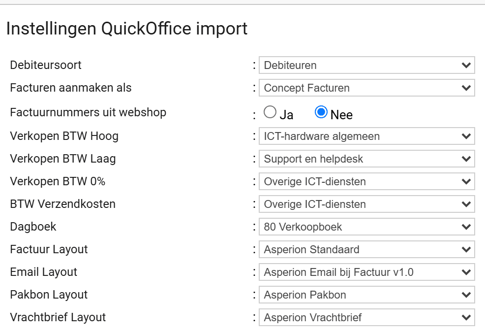 Het instellingenscherm van een webshopkoppeling met de velden Debiteursoort, Facturen aanmaken als, de drie verkoopsoorten per btw-tarief, Dagboek en de vier lay-outs