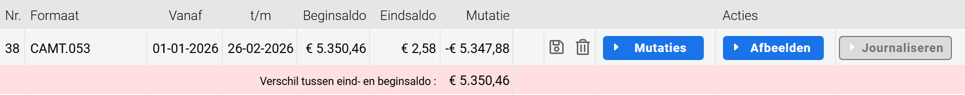 Een regel in het overzicht Afletteren met begin- en eindsaldo en de knoppen Mutaties, Afbeelden en Journaliseren