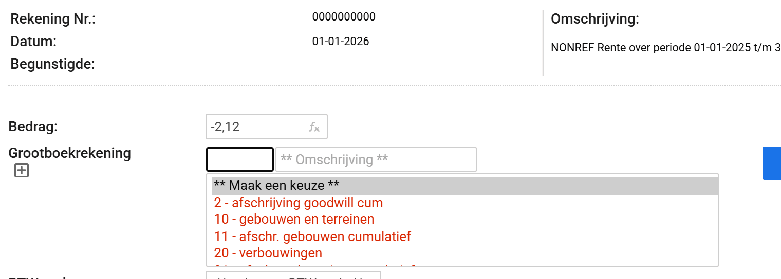 Het scherm Afschrift regel matchen met de gegevens van de bankmutatie en het veld Grootboekrekening