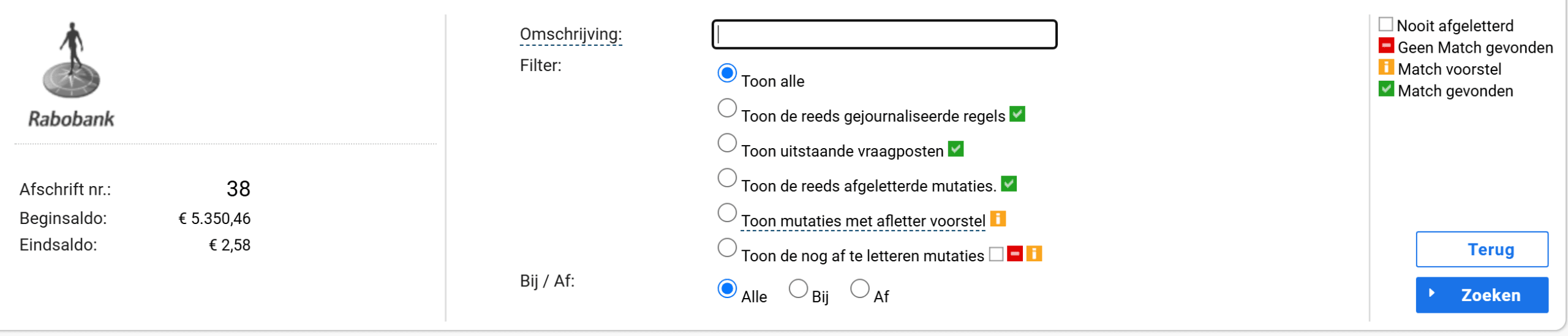 De filters boven de mutatielijst met de keuzes onder Filter en Bij / Af, en rechts de verklaring van de statussen