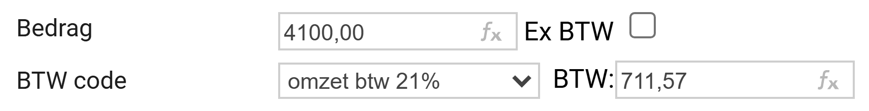 De velden Bedrag en BTW code van een memoriaalregel: bedrag 4100,00, het vinkje Ex BTW uit, een btw-code van 21% en een berekend btw-bedrag van 711,57