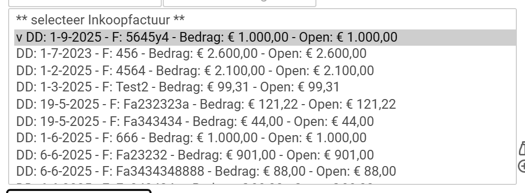 De lijst met openstaande facturen waarin je er met Ctrl meerdere tegelijk aanklikt